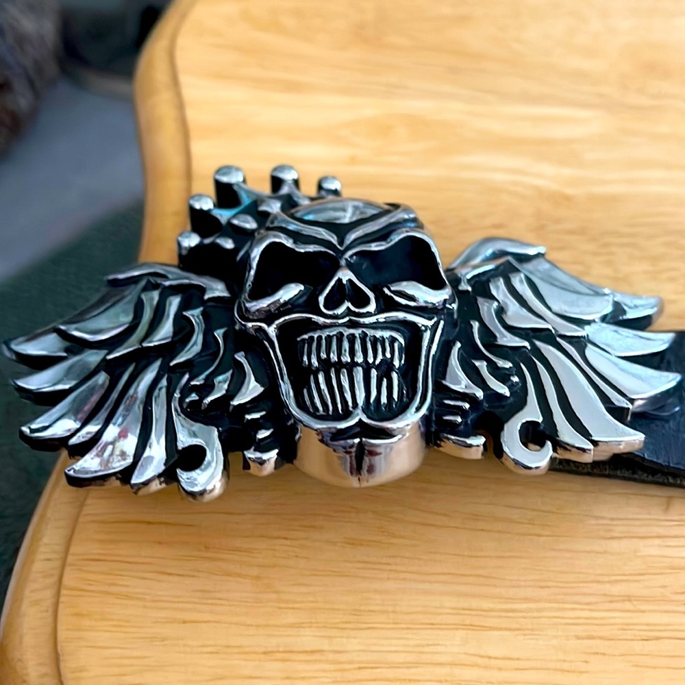 King Baby Studios Crowned Skull with Wings Silver tone metal Buckle with size 38